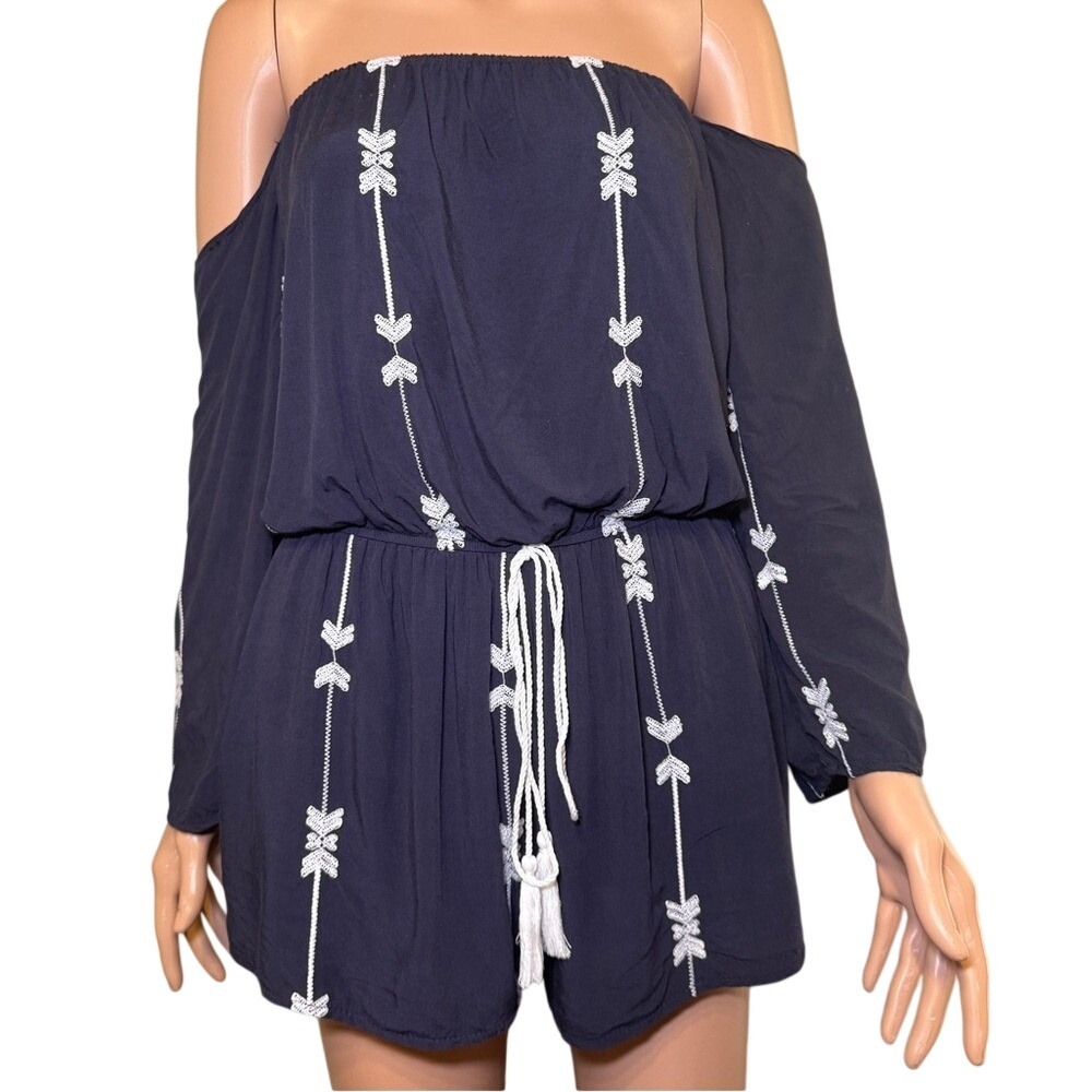 Exist - Off The Shoulder Romper Jumper Navy‎ Blue & White Tribal Embroidery Med